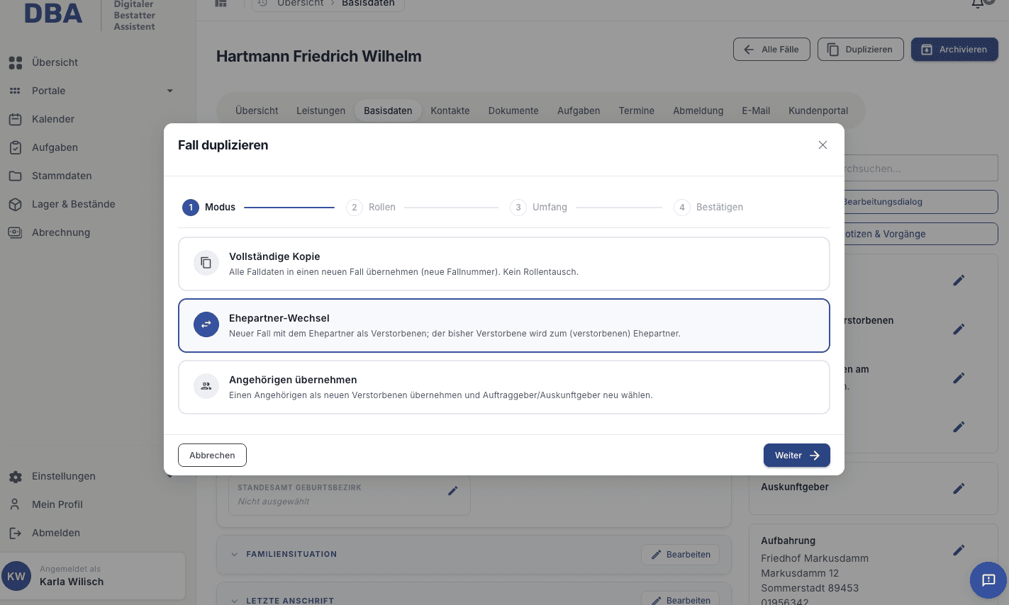 Screenshot der Fall Duplizierung im DBA