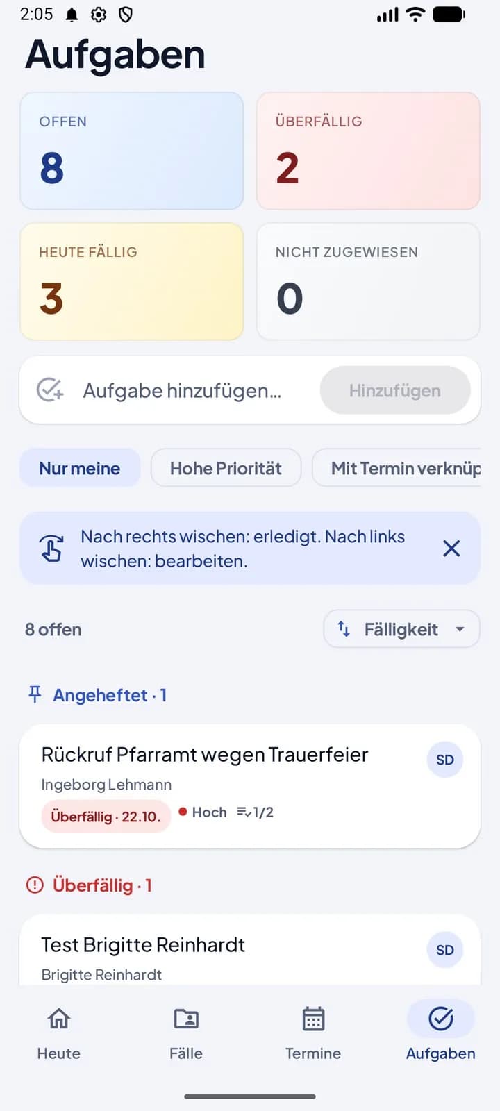Aufgabenübersicht mit offenen und überfälligen Aufgaben