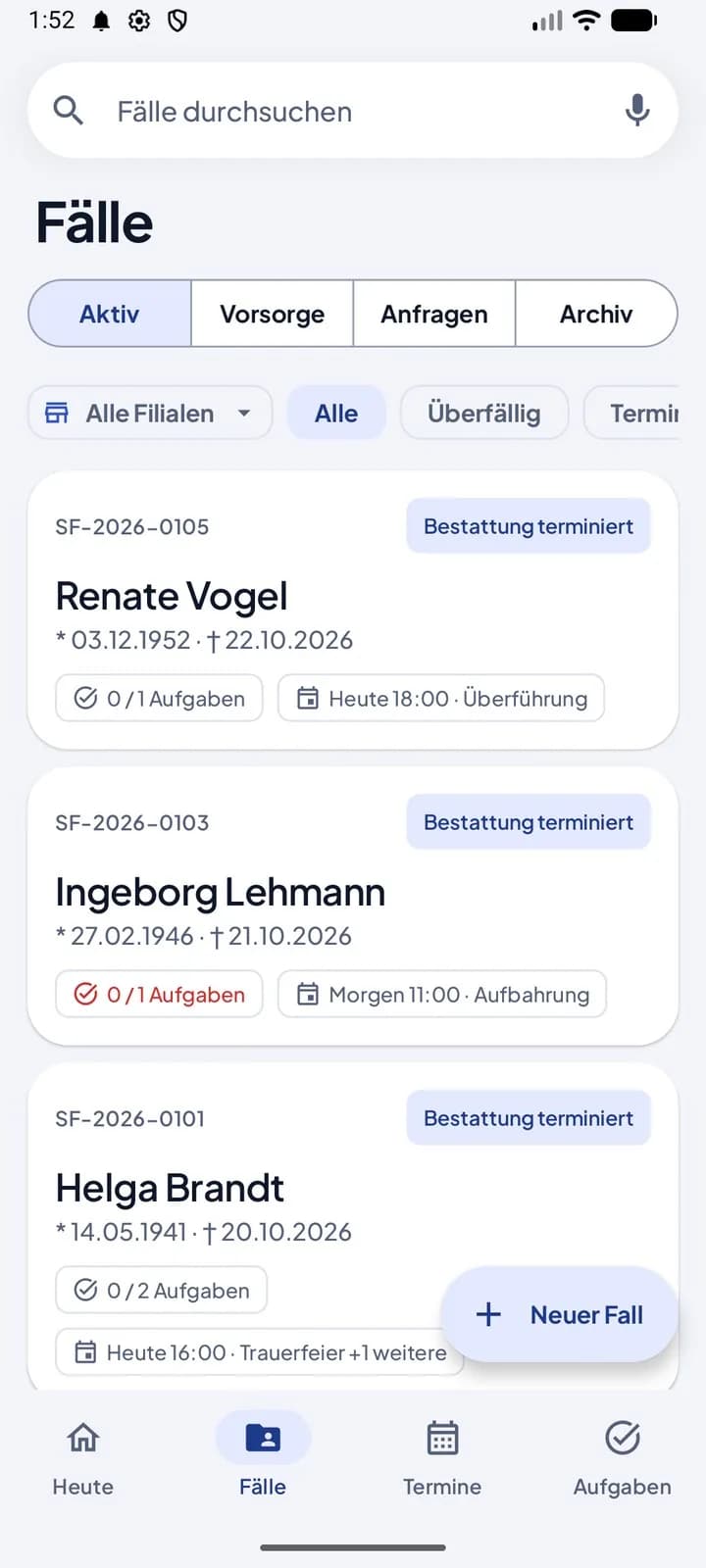 Fallübersicht mit Filtern und Fallkarten