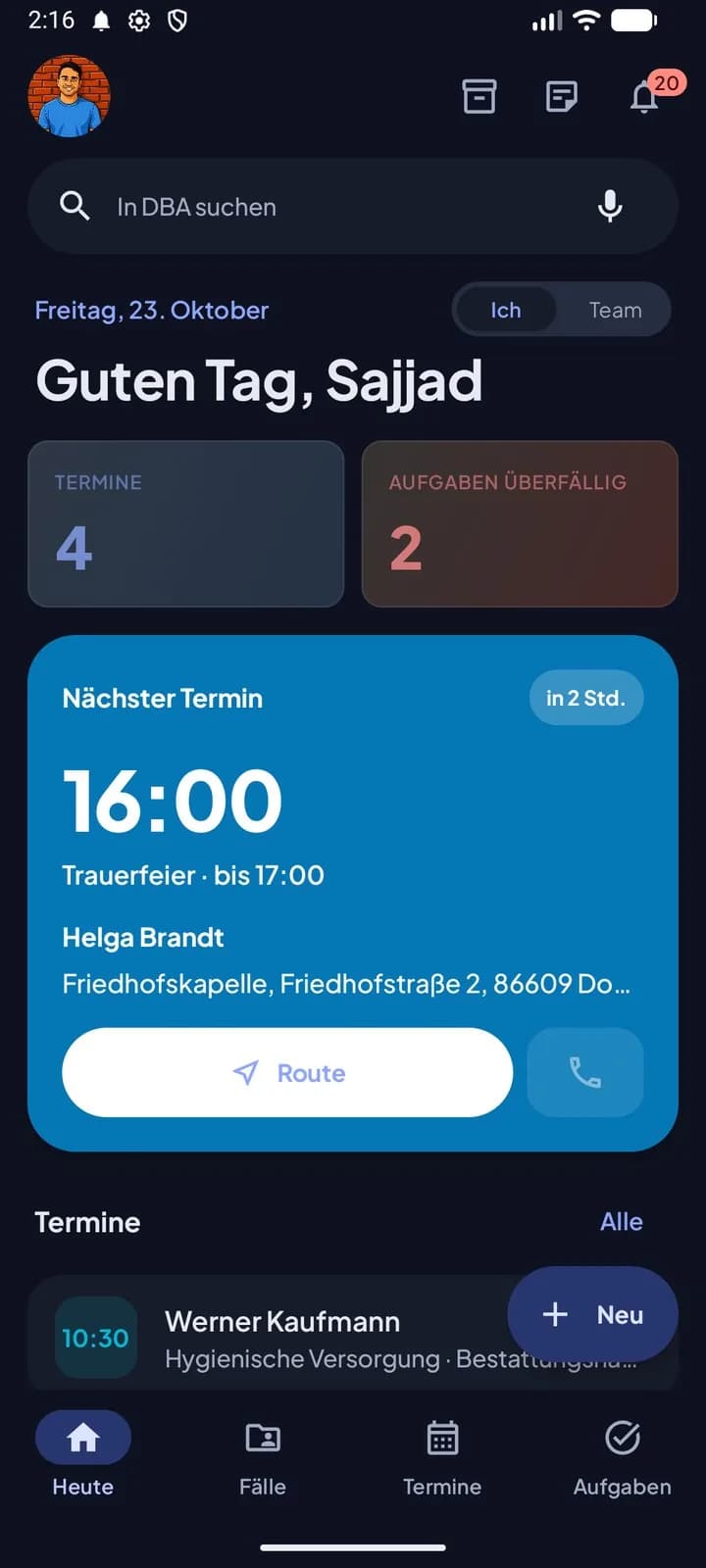 DBA-App im Dunkelmodus