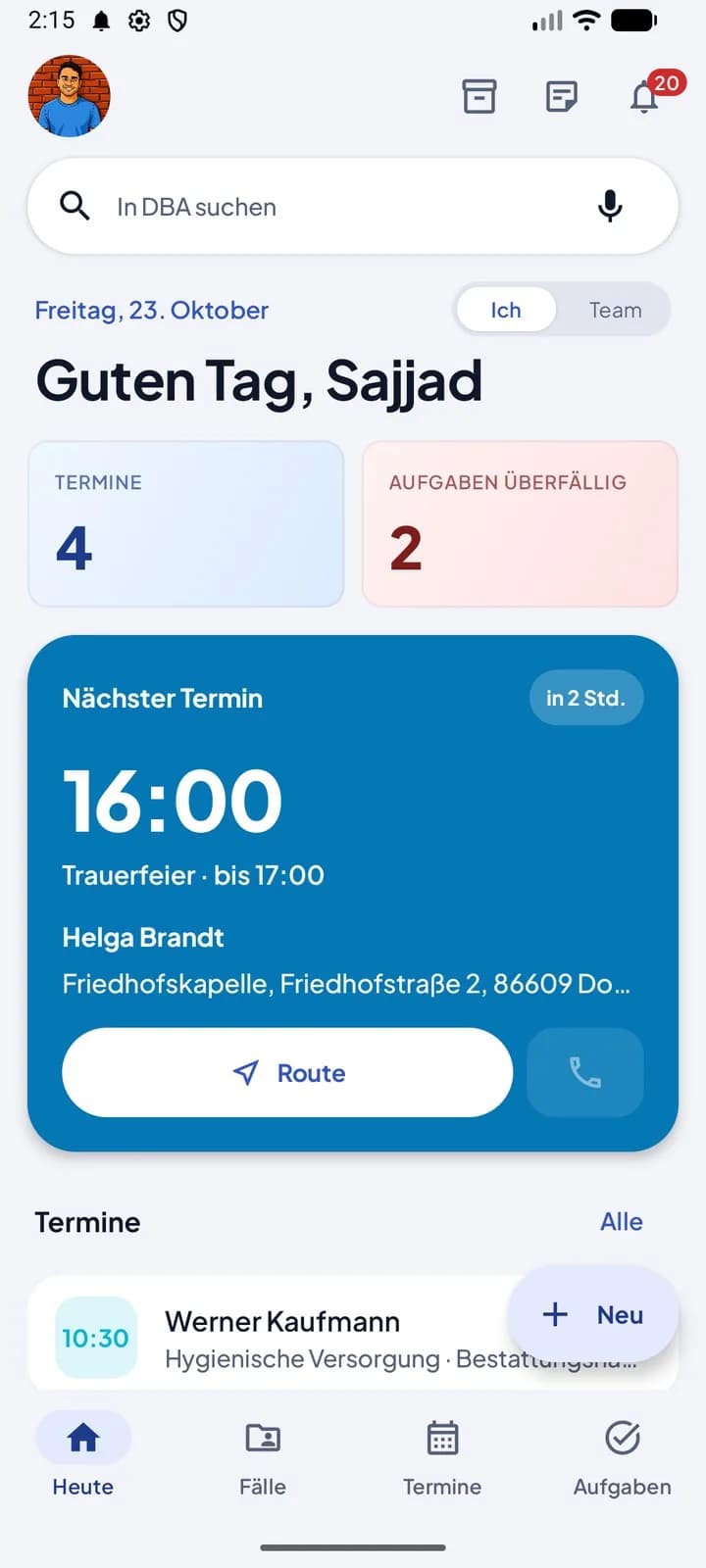 DBA-App: Startseite „Heute“