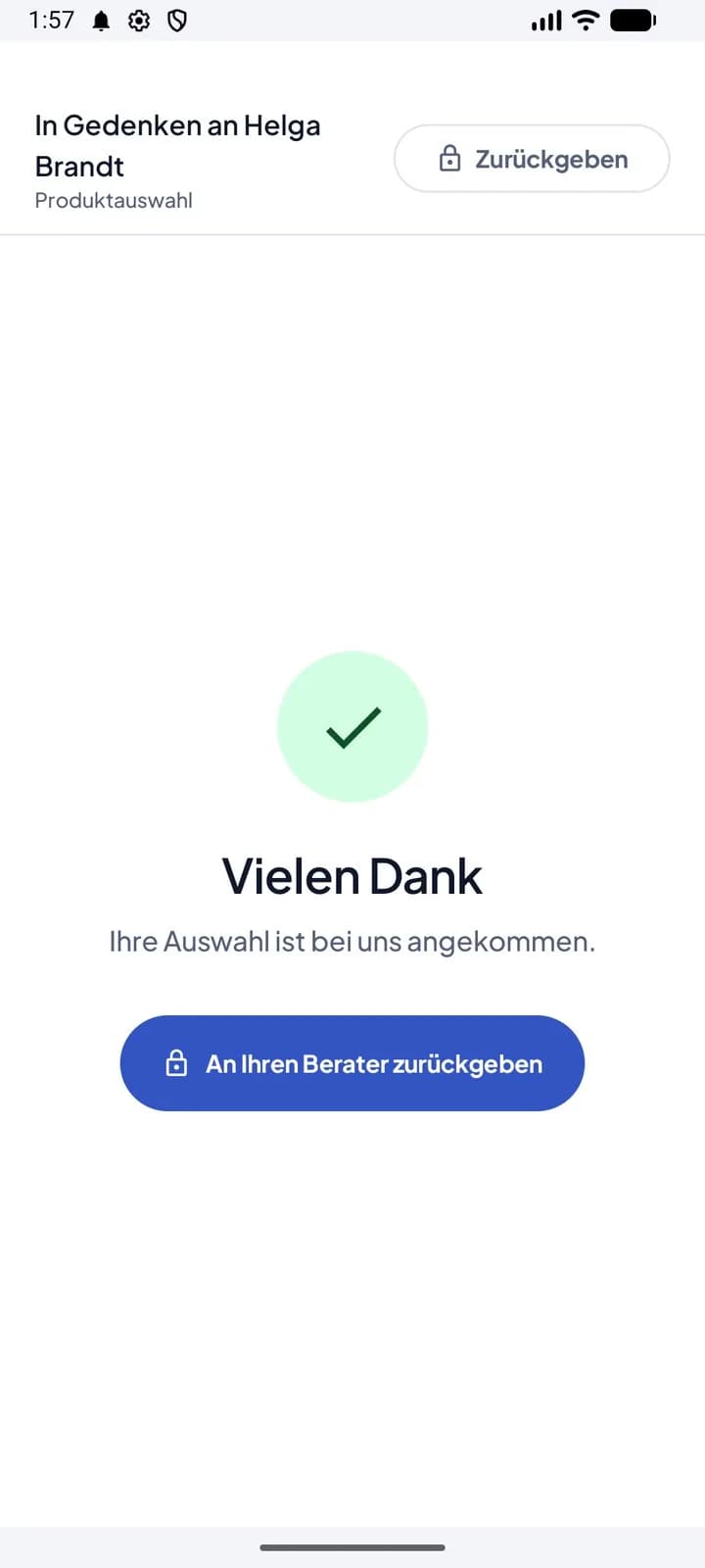 Bestätigung „Vielen Dank“ nach der Auswahl