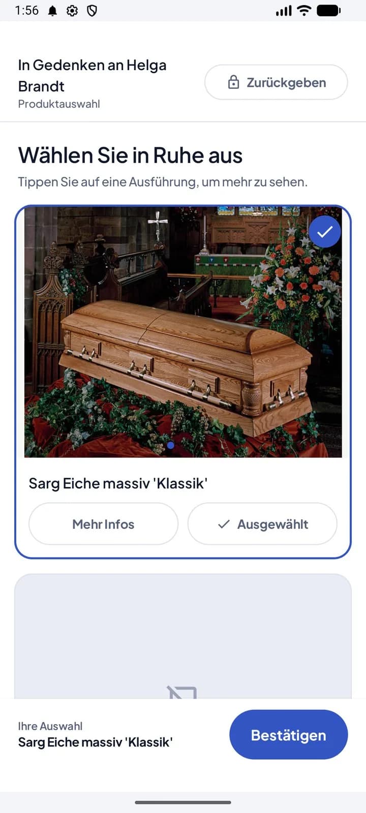 Produktauswahl in der ruhigen Vollbildansicht für Angehörige